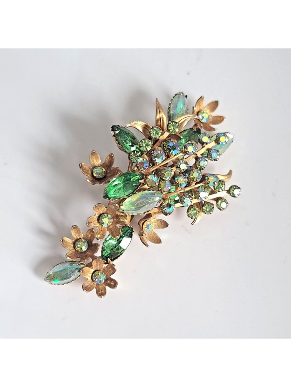 Vintage Green Aurora Borealis Rhinestone Floral Spray Brooch Gold Tone Layered